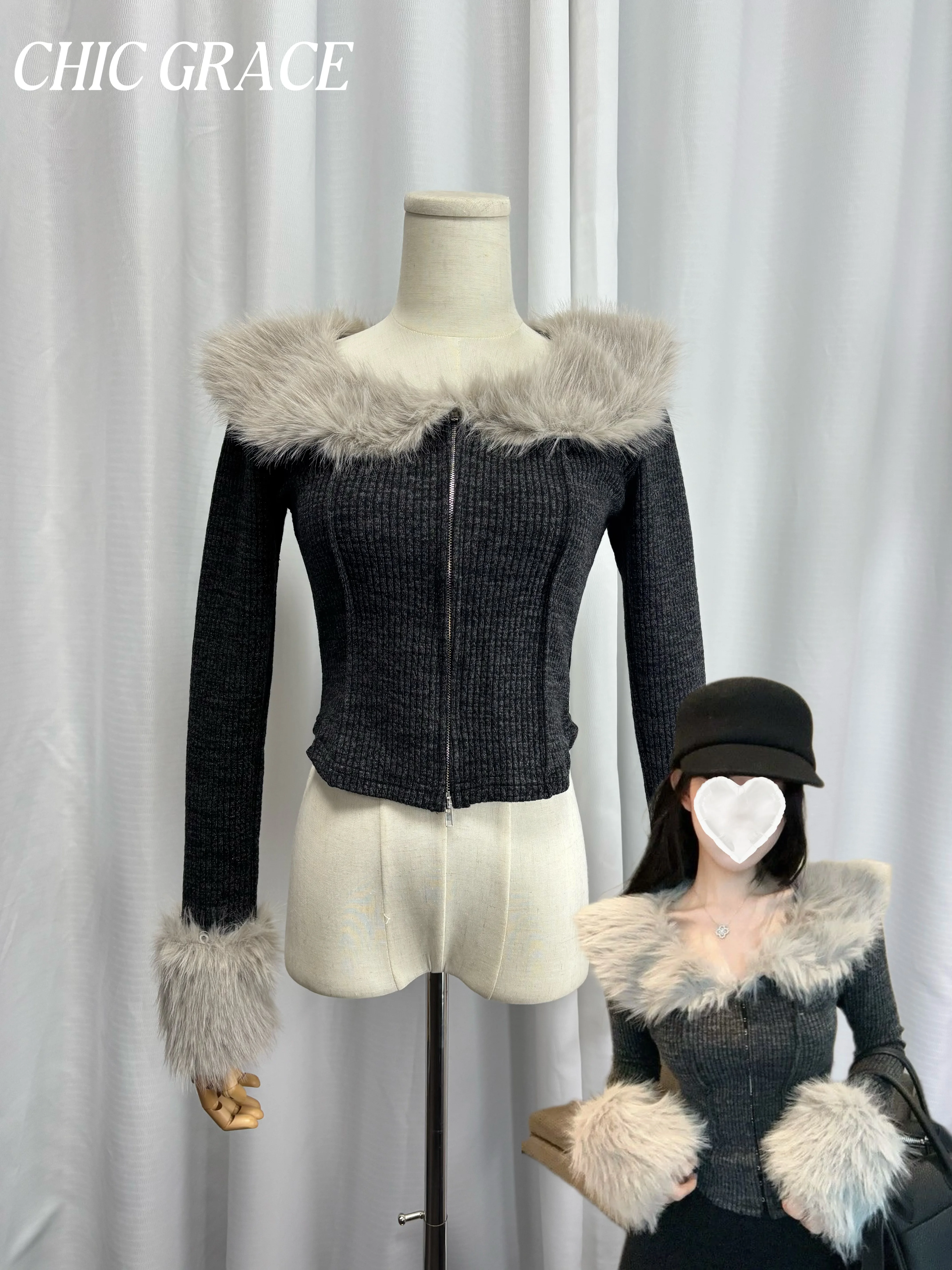 

Real shot Women's Furry Collar Knit Cardigan Autumn Winter Spice Girl Style High-end Sense Slim Fit Cropped Outerwear Versatile