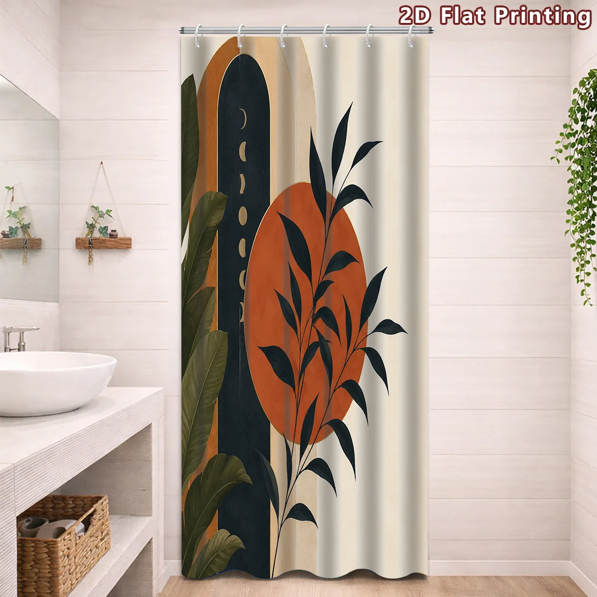 Mid Century Terracotta Leaf Shower Curtain, Boho Arch Moon Botanical Abstract Print, Machine Washable Bathroom Shower Curtain
