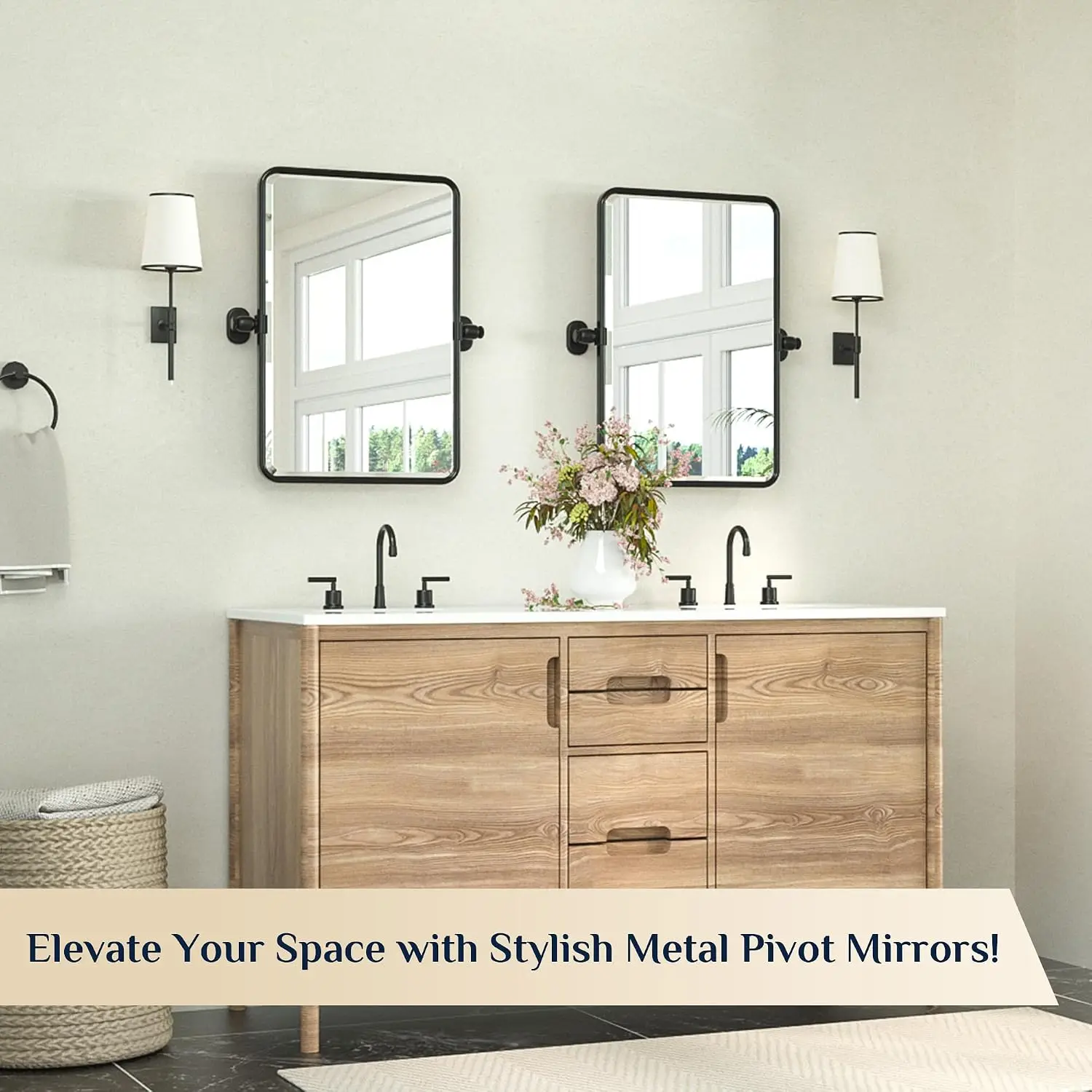 16x24 Inch Black Rectangle Metal Framed Tempered Glass Bathroom Mirror Tilt Adjustable Beveled Over Sink Farmhouse Horizontal Ve
