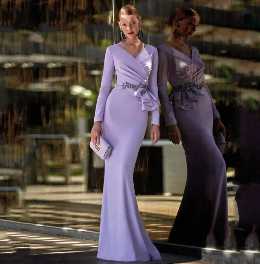 

LZPOVE V-Neck Sheath Wedding Guest Dress Mother of the Bride Long Evening Gown Appliques Pleated Customized 2025 Party Dress