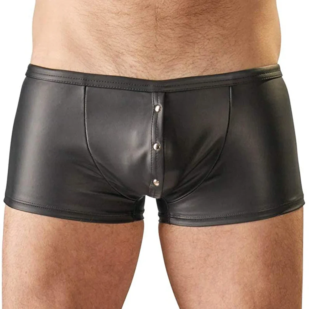 

Sexy Mens Boxers Black Faux Leather Low Waist Underwear Shorts Cool Male Gay U Convex Pouch Underpants Button Lingeries Trunks