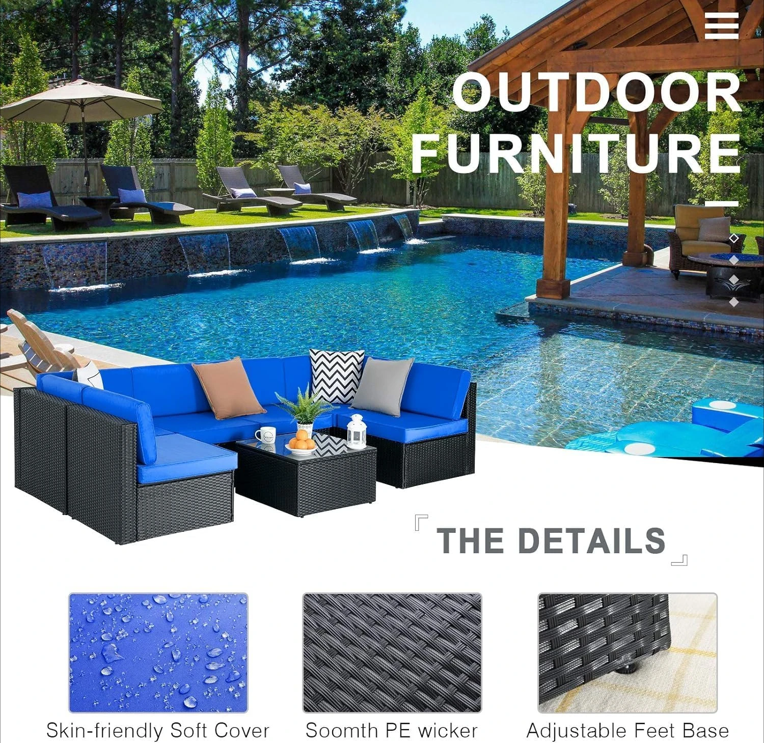 7 Pieces Patio Furniture Set, Outdoor Couch, All Weather Patio Conversation Sets with Washable Cushions and Glass Table