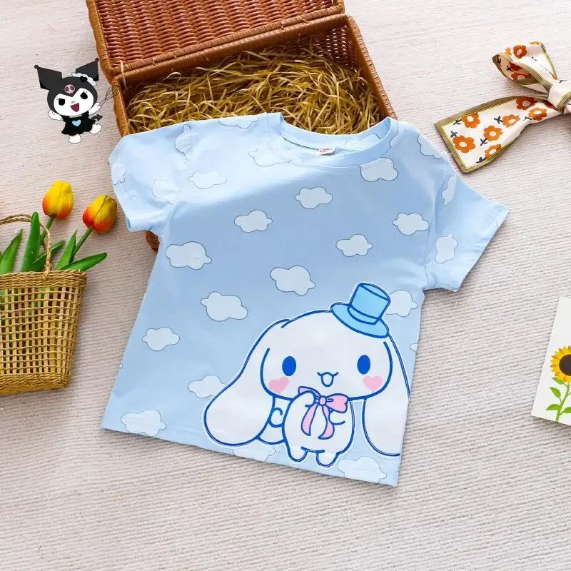 كورومي بنات أنيمي تي شيرت سانريو صيف جديد سينامورول ميلودي الكرتون قصيرة الأكمام الأطفال Kawaii الراحة لينة ملابس علوية من القطن