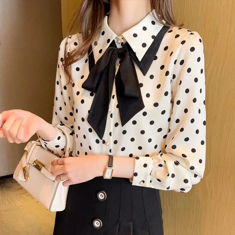 Womens Clothing Autumn Bandage Long Sleeve Shirt Fashion Sweet Polo-Neck Polka Dot Printing Single Breasted Chiffon Loose Blouse