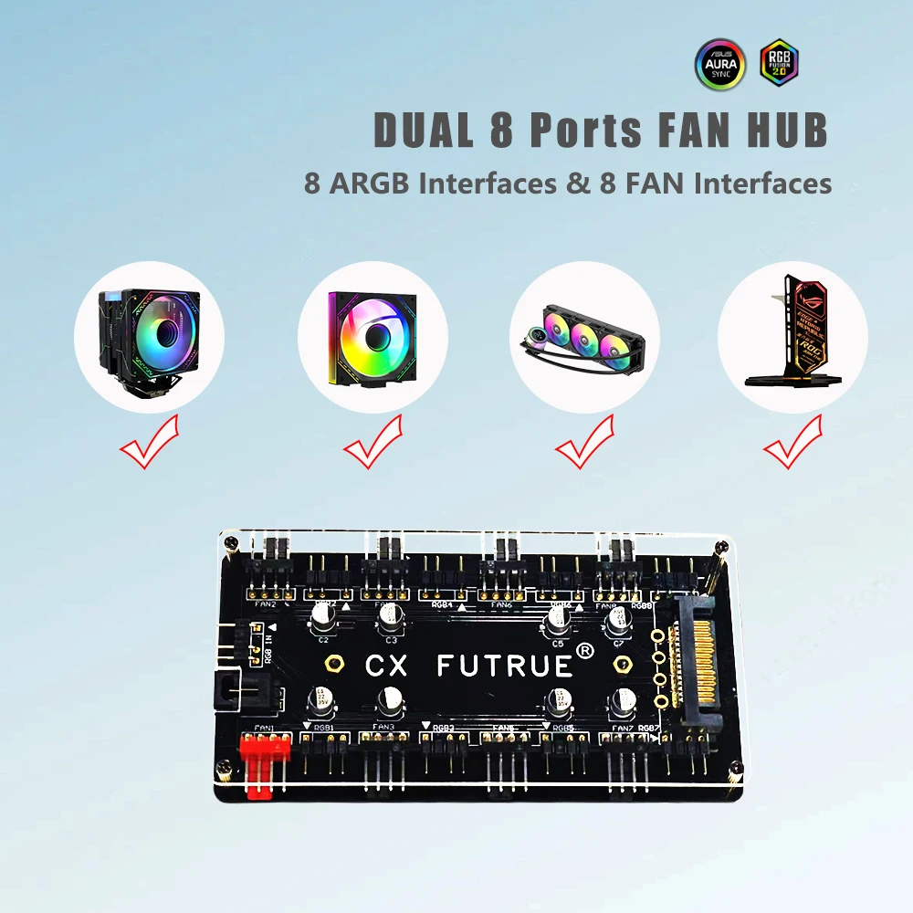 

CX FUTURE Chassis Fan Hub, Dual 8-Port. ARGB 3PIN+PWM 4PIN Ports. Black, Suitable For Connecting Multiple Chassis Fans.