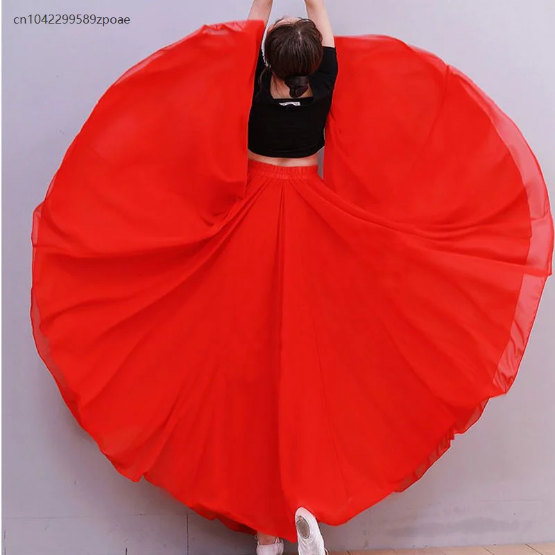 Jupe de danse du ventre pour femmes, couleur unie, Double couche, longue, demi-jupe, vêtements d'entraînement de danse sur scène, 720 degrés