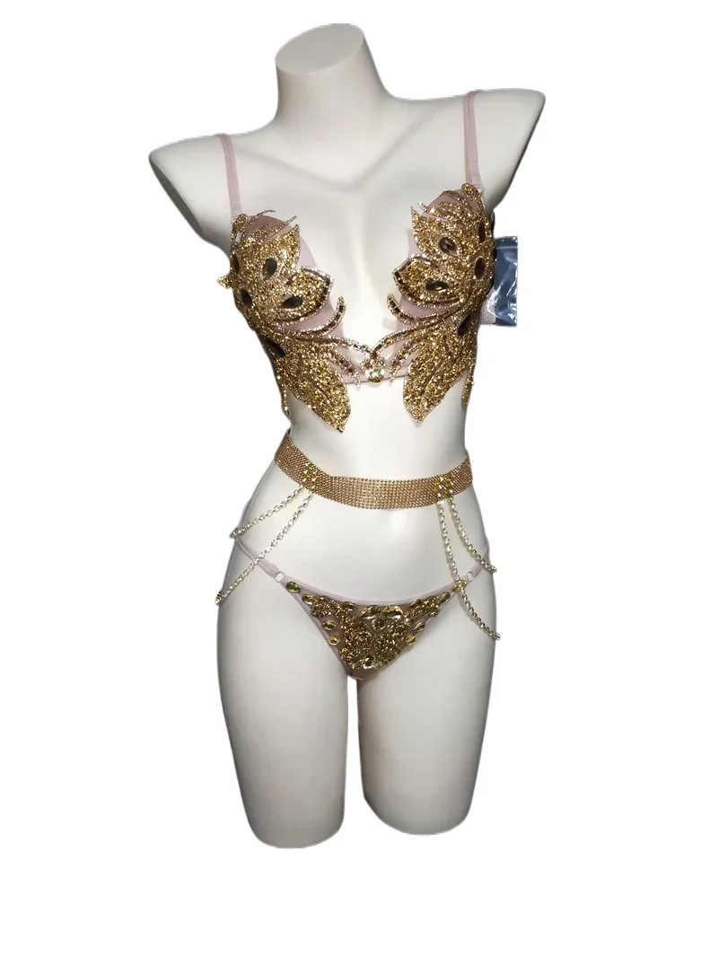 Shining Rhinestone Bikini Outfit Women Sexy Party costumes Bra Short Silver Bikinis Bling Stage Dance Nightclub Dancewear