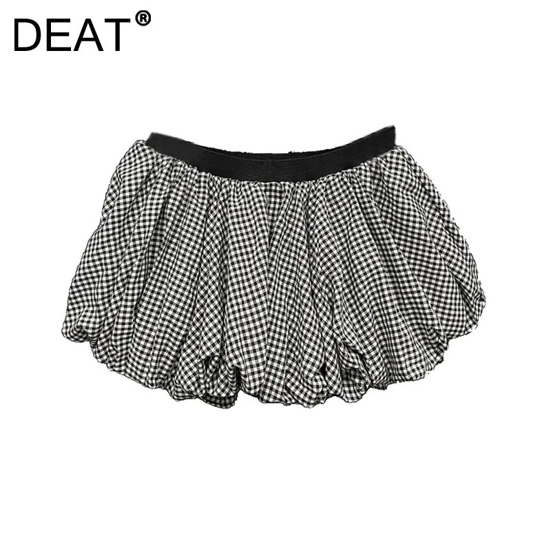 DEAT WomenFish Bone Waist Lace-up Strapless Backless Camisole Black White Plaid Short Skirts 2025 Spring New Fashion 11A02355