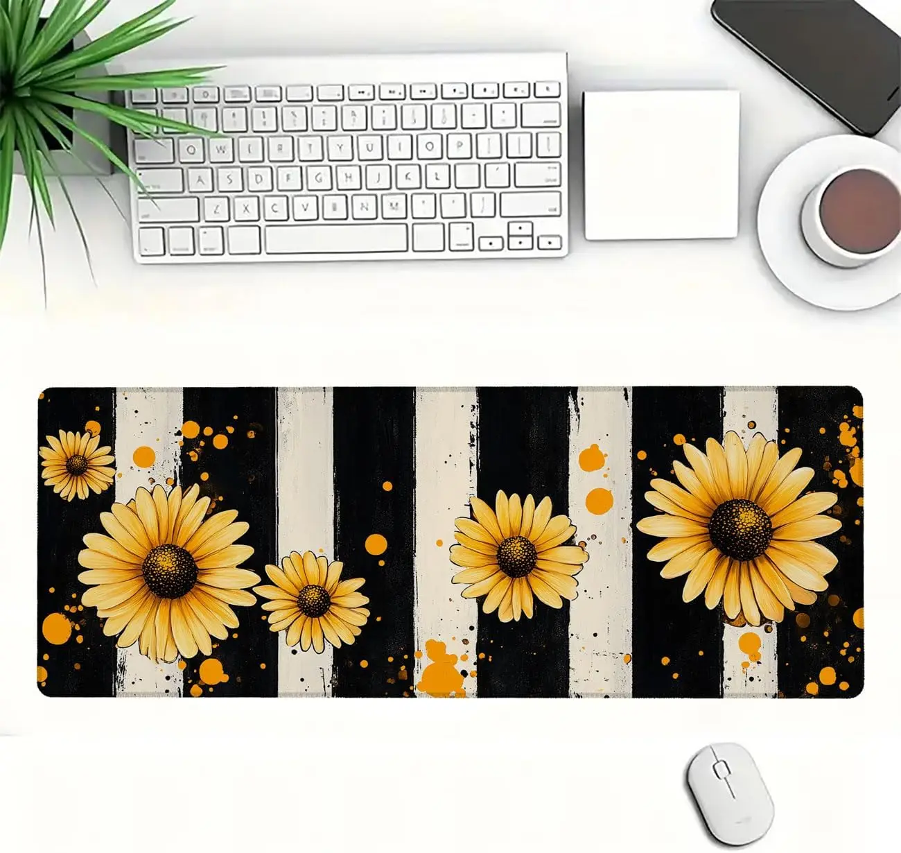 Boho Yellow Daisy Gaming Mouse Pad, Black White Stripe Grunge Sunflower Splatter Print, Non‑Slip Smooth Edge Mat for Home Gaming