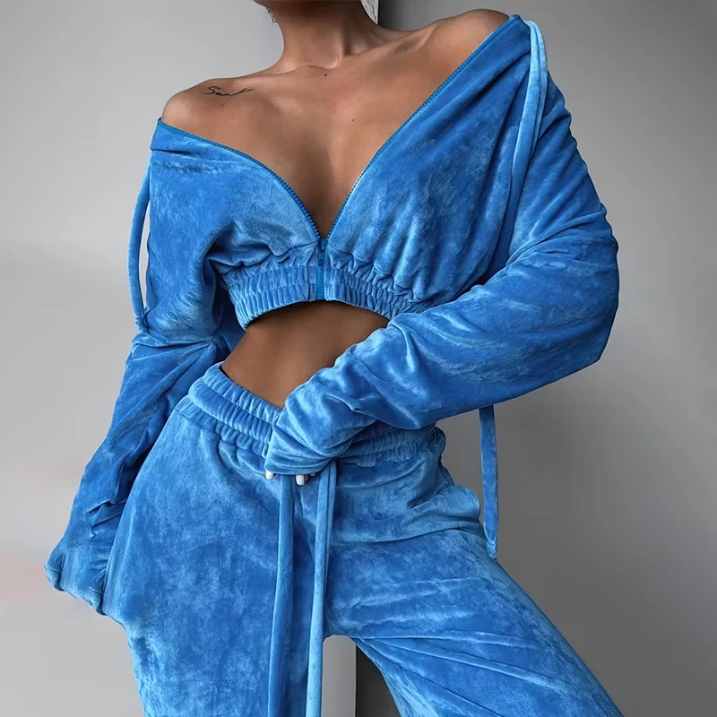 

BKLD 2026 Velvet Tracksuit Women 2 Pieces Set Fashion Lapel Sweatshirt Zip Short Jacket+Drawstring Loose Trousers Y2K Streetwear