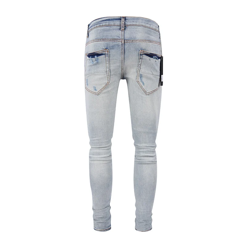 y2knew light blue jeans washed with retro distressed black leather patch elastic slim fit jeans high street hip-hop bra