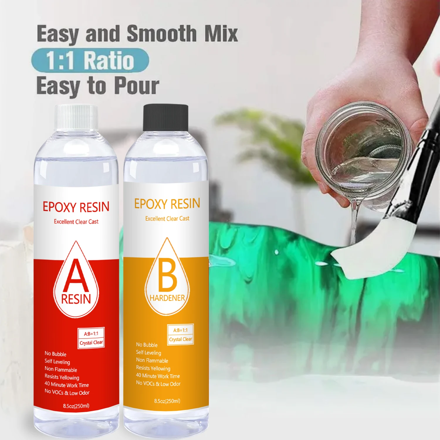Crystal Clear Epoxy Resin Kit, Bubble-Free, Anti-Yellowing, Self Leveling Easy Mix 1:1 Coating and Casting Resin for Jewelry DIY