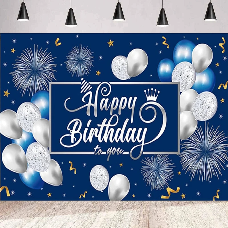 Photography Backdrop Blue And Silver Banner Happy Birthday Party Supplies Photo Background Wall For Men Women Celebration Poster