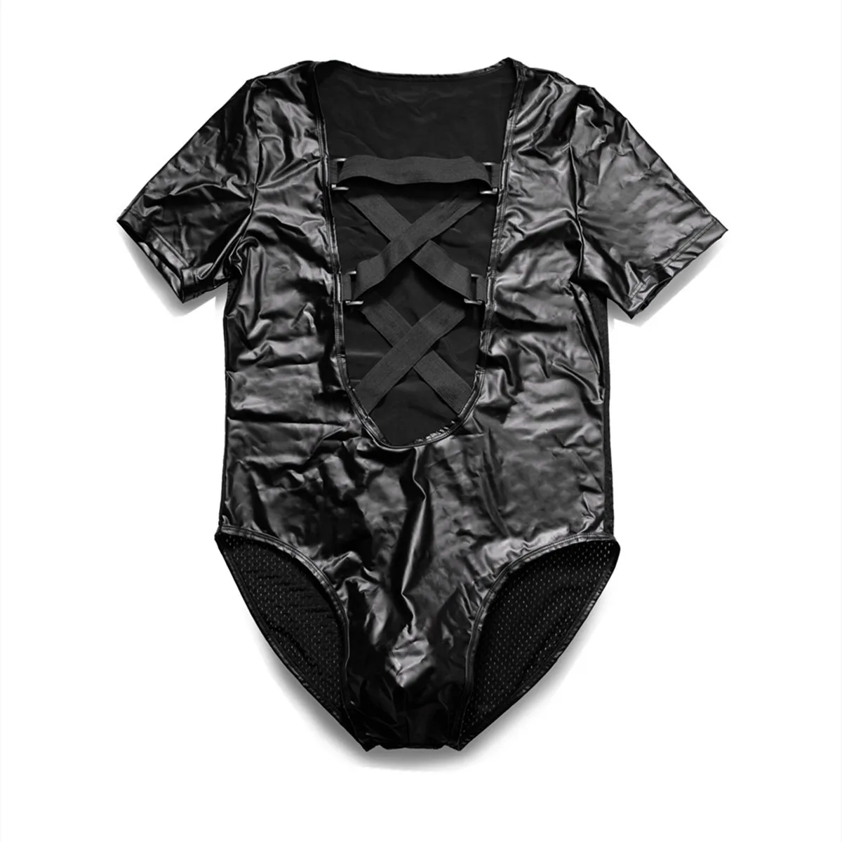 Sexy Mens Bodysuit One-piece Jumpsuits PU Leather Gay Jockstrap Leotard Boxer Briefs Thongs Underwear Wrestling Singlet