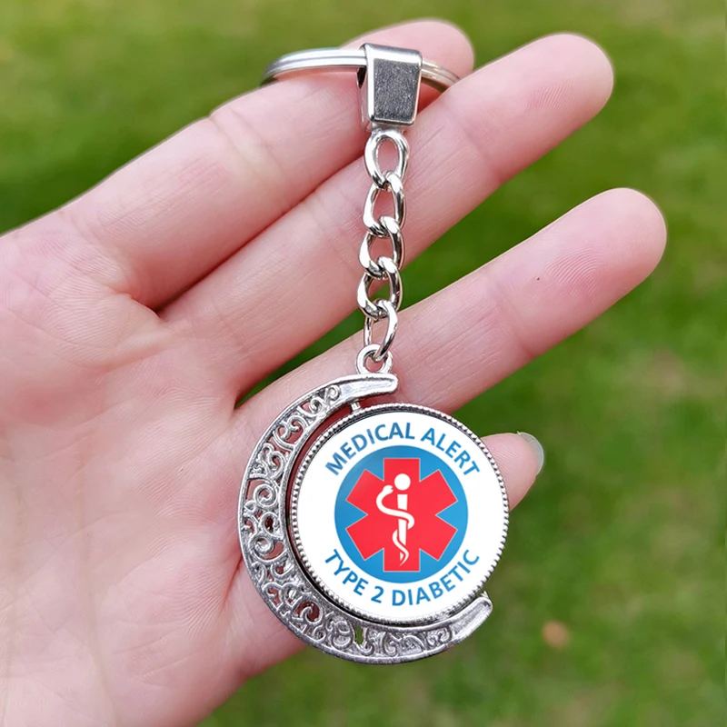 Type 1 Diabetes Medical Alert Diabetes Keychain for Men Women Diabetic Logo Glass Dome Double Sided Pendant Keyring Gift