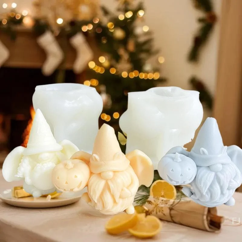 Forma silikonowa do samodzielnego wykonania świec aromaterapeutycznych i mydeł w kształcie dyniowego krasnala ze skrzydłami, idealna do dekoracji domu i na Halloween.