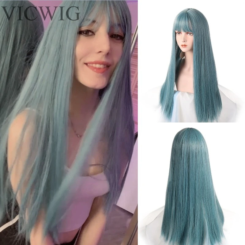 VICWIG أزرق فاتح أصفر أرجواني طويل شعر مستعار تأثيري مع الانفجارات الاصطناعية مستقيم الشعر مقاومة للحرارة ارتفع صافي الباروكات للنساء