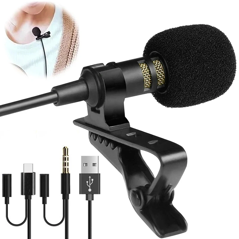 Portable 1.5m Lavalier Mini Microphone Condenser Clip-on Lapel Mic Wired 3.5mm USB Type C Microfon For Phone for Mac Laptops pc