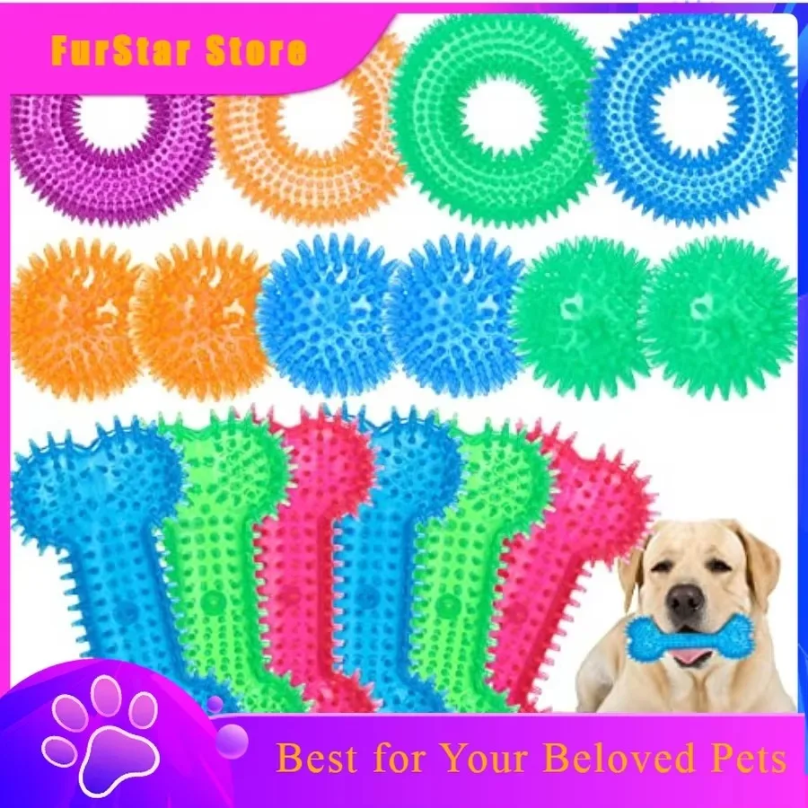 FurStar16 Pcs Dog Squeaky Toys Bulk Set Spiky Dogs Donut Bone Teething Toys Squeaky Balls TPR Rubber Toss Fetch For Puppy Small