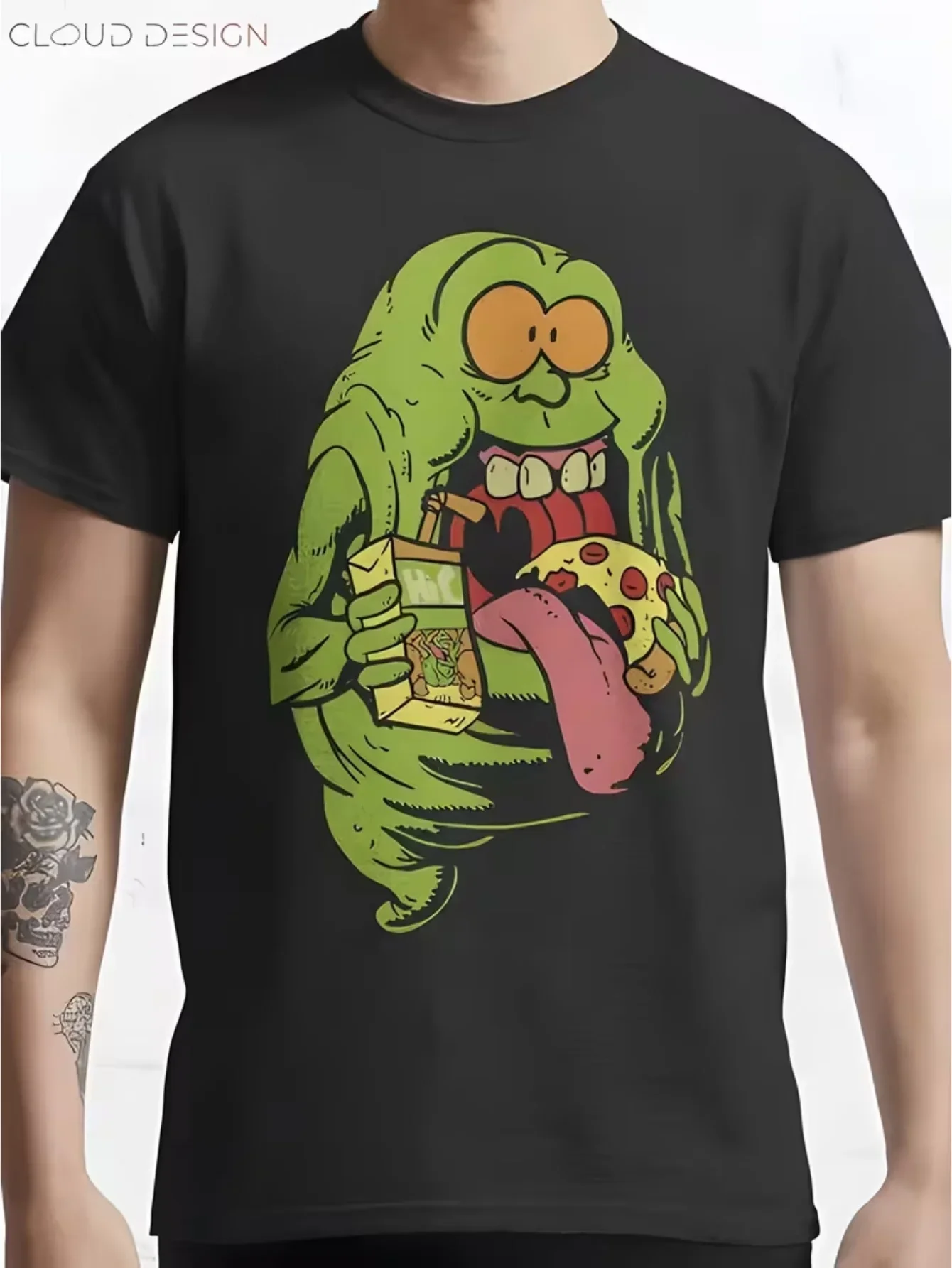 Men's T-Shirt, Humorous Graphic with Green Ghost Character, Independent Day, Casual Crew Neck Top, Great for Daily Wear, Outdoor Activities, Vacation, Street Style, Casual Hangouts, Patriotic Streetwear for Men