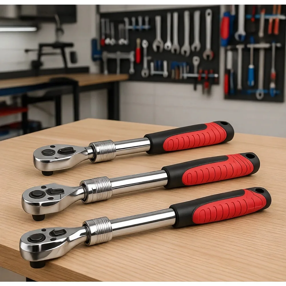 

Набор из 3-х удлиненных гибких трещоточных ключей с приводом 1/4, 3/8, 1/2 дюйма, 72 зубца, быстросъемные, реверсивные, с мягкой рукояткой