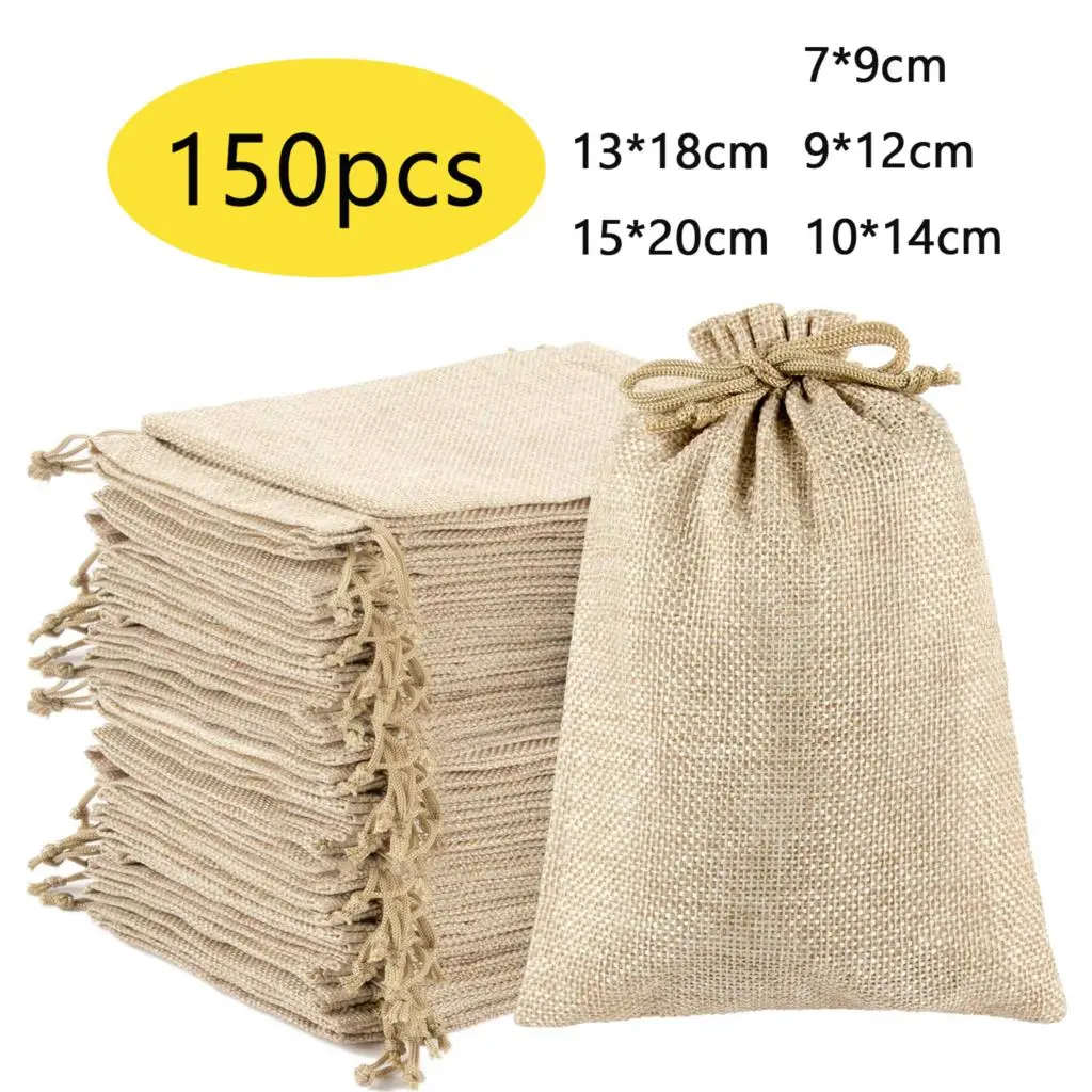 

150Pcs Burlap Linen Drawstring Bag Jute Gift Bag Jewelry Packaging Organizer Storage Bag Party Favor Party Candy Bags