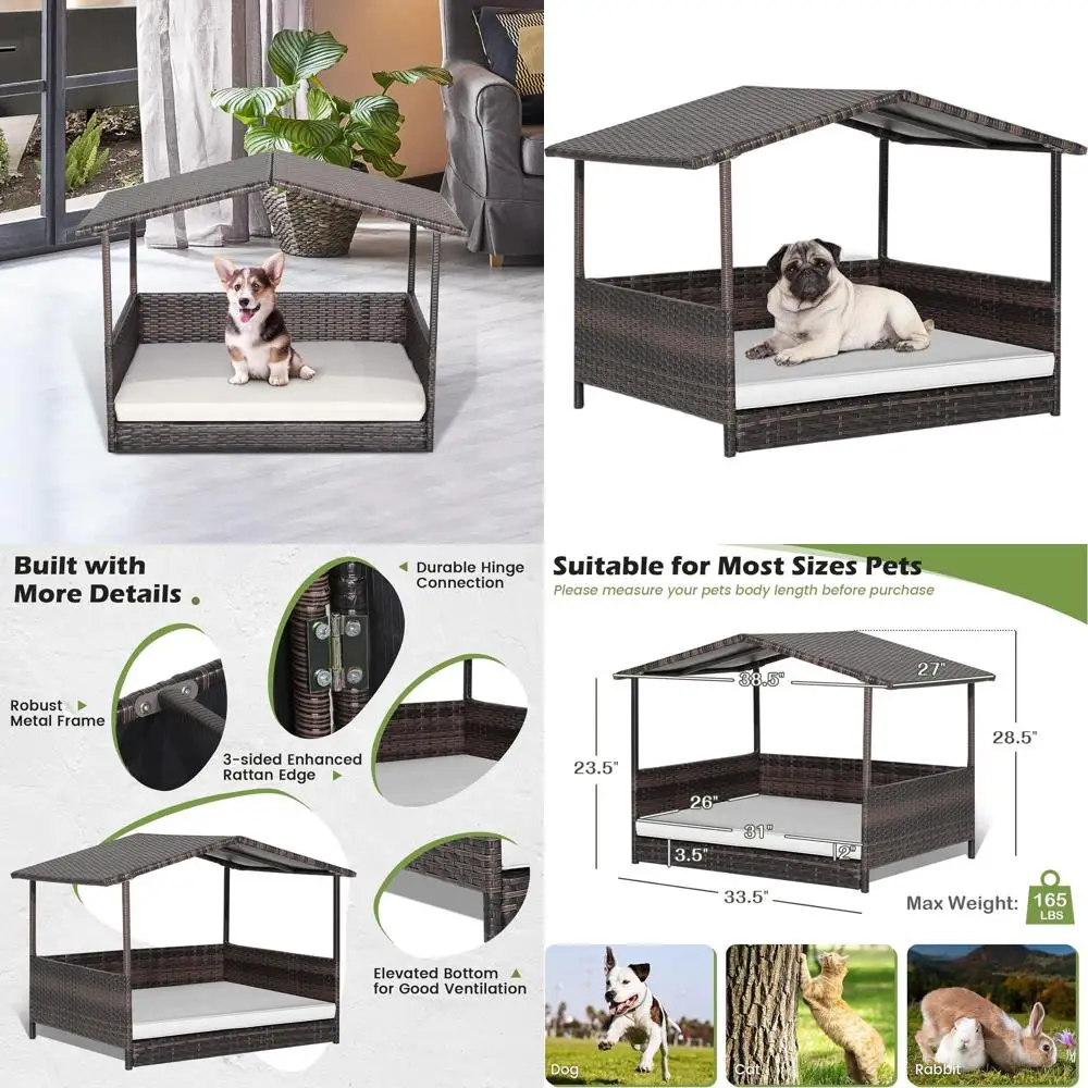 

Elevated Rattan Dog Bed with Removable Cushion, Washable Cover, Weather-Resistant Roof for Small to Medium Dogs (White)