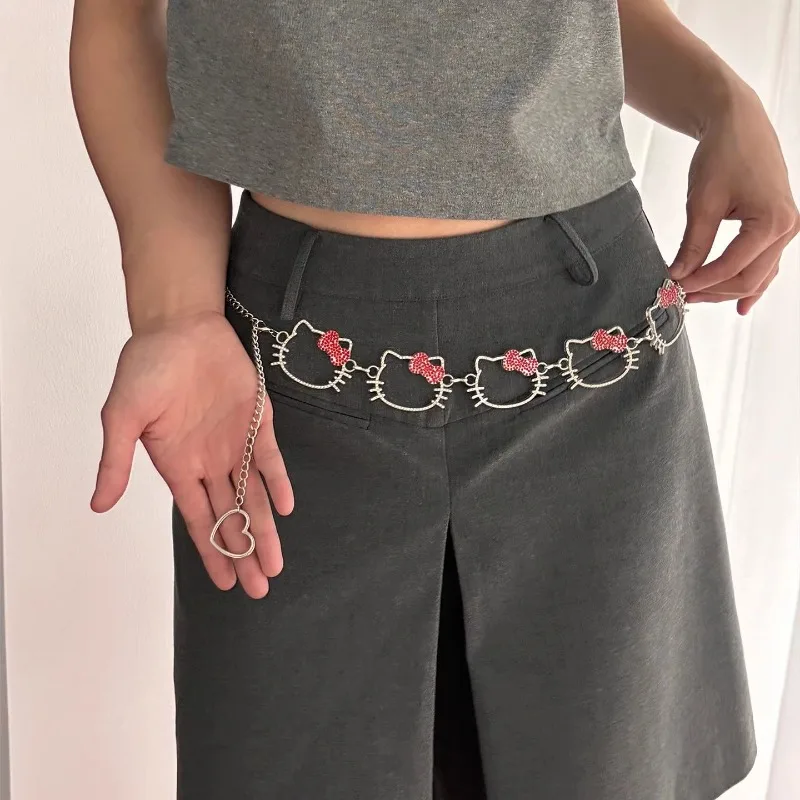 سلسلة خصر معدنية من سانريو هالو كيتي للنساء Y2k Girl Style فستان رائع ورائع إكسسوار تنورة تصميم حزام متعدد الاستخدامات