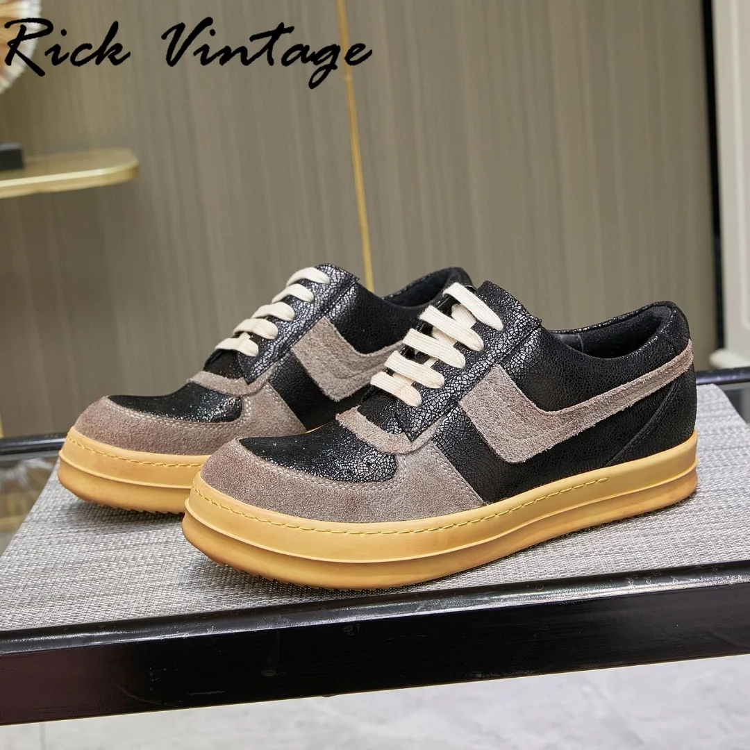 

Rick Vintage Men Sneakers Cow Leather Spliced Suede Casual Thick Sole Shoes Luxury Designer Women Vulcanized Flat Trendy Shoes