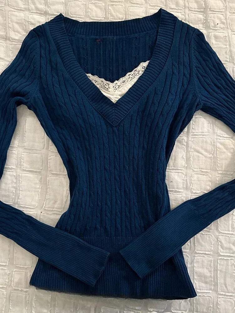 

Blue Vintage Knitted Sweater Original Design Slimming Waist V-Ne Cotton Long Sve Comfortable Fit Faionable Commute Sle