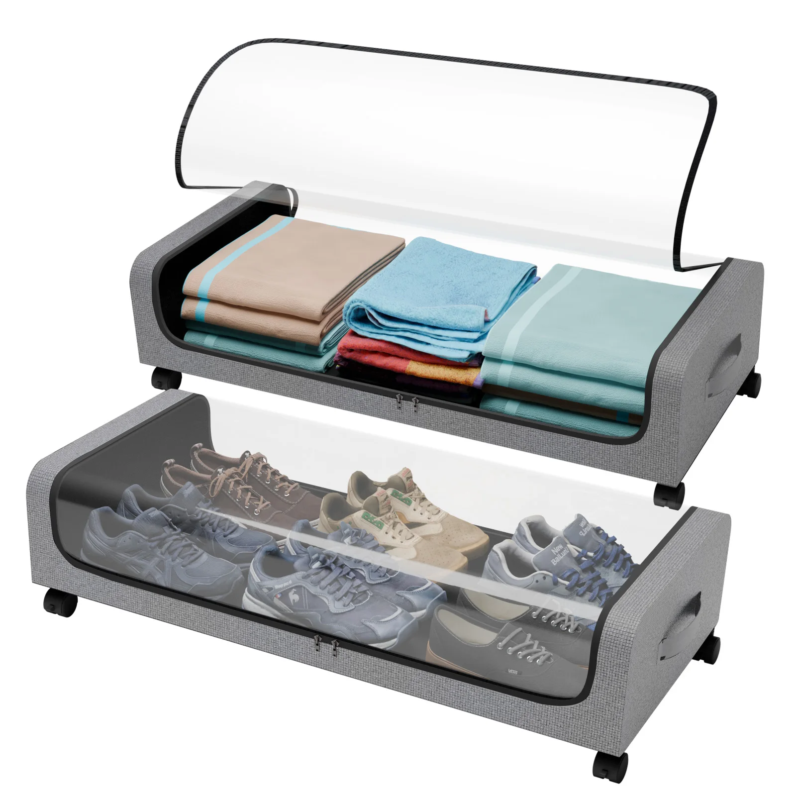 

2 упаковки ящика для хранения на колесах большой емкости на колесиках с прозрачным окном и ручками для одежды, игрушек, обуви