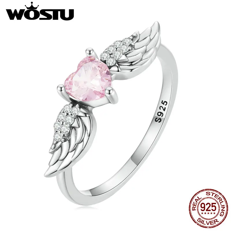 WOSTU Real 925 Sterling Silver Angle Wing Love Pink Crystal Heart Rings For Women Wedding Engagement CZ Ring Fine Jewelry Gifts