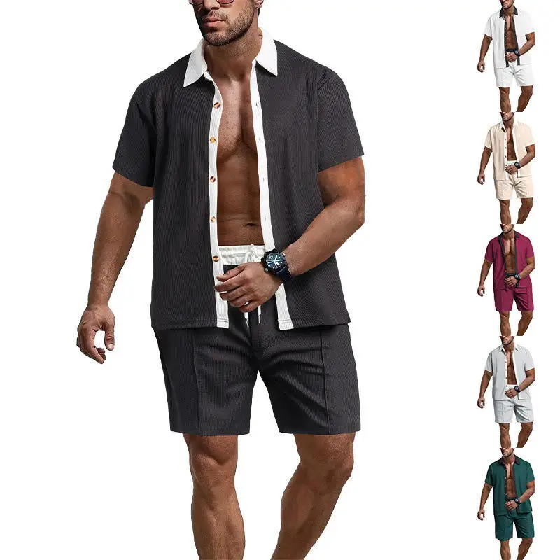 

Летний повседневный мужской комплект: рубашка с коротким рукавом на пуговицах и шорты в стиле колор-блок, свободный крой, удобный, дышащий, мужская модель