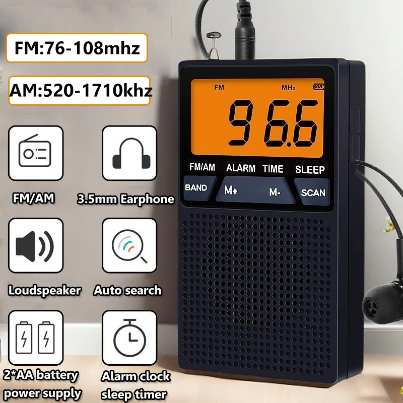 Mini Portable FM AM Radio LCD Display Radios Receiver Built-in Speaker Alarm Clock with 3.5mm Earphone Support Sleep Timer