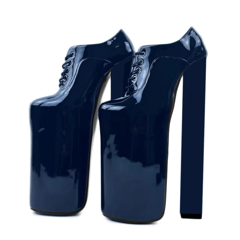 DIZHUANG Sexy women's high heels. Blue (green) patent leather super high heels. 39-41 cm heel height. Round toe lace up shoes.