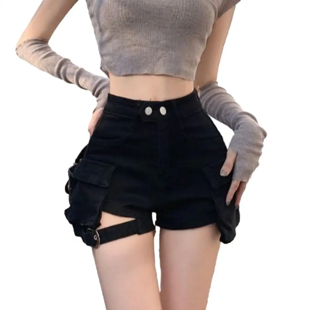 High-waisted Denim Shorts Retro-inspired High Waist Denim Shorts with Flap Pockets Stylish Slim Fit Streetwear for Women's