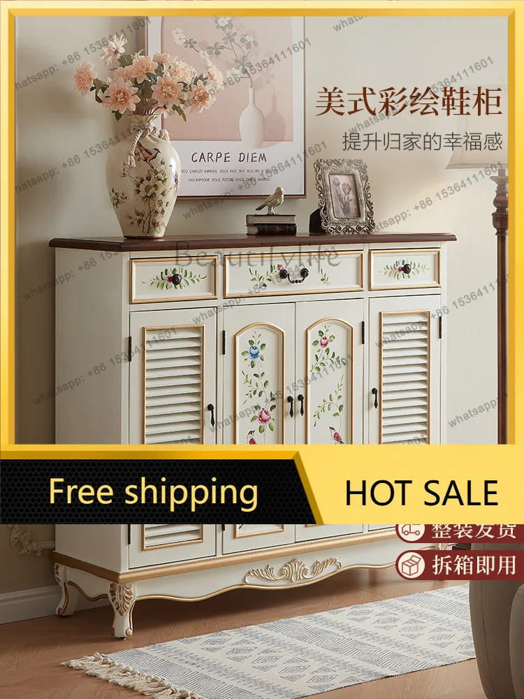 LJY American painted shoe cabinet home door living room solid wood retro home entrance