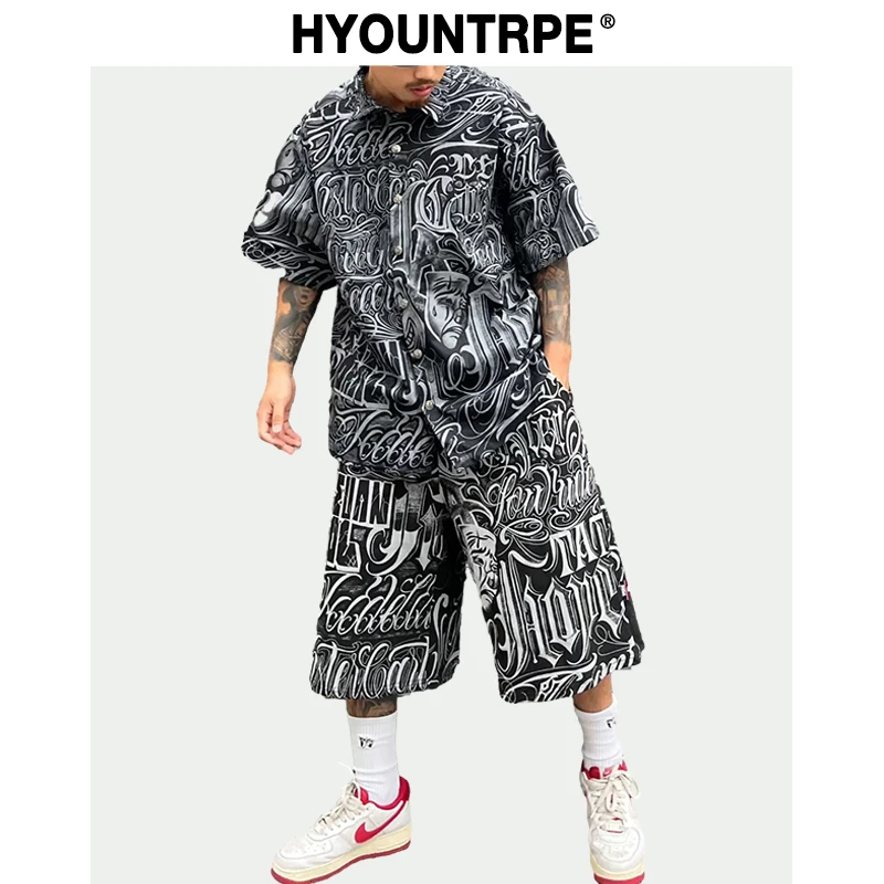 2 Pieces Sets Mens Fashion Harajuku Printed Single Breasted Shirts and Drawstring Capris Short Pants Joggers New Streetwear Sets