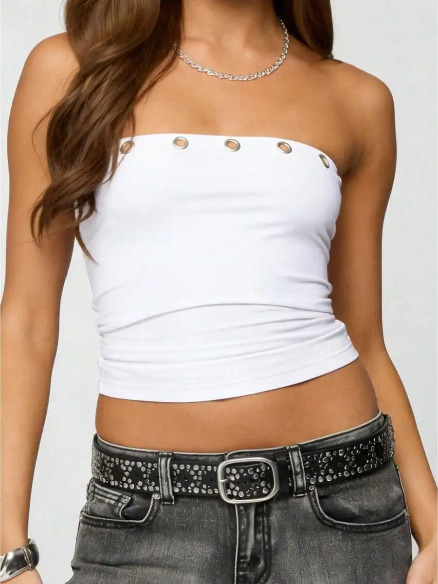 

Women Strapless Ruched Crop Tube Top With Grommets Eyelet Solid Color Bandeau Streetwear