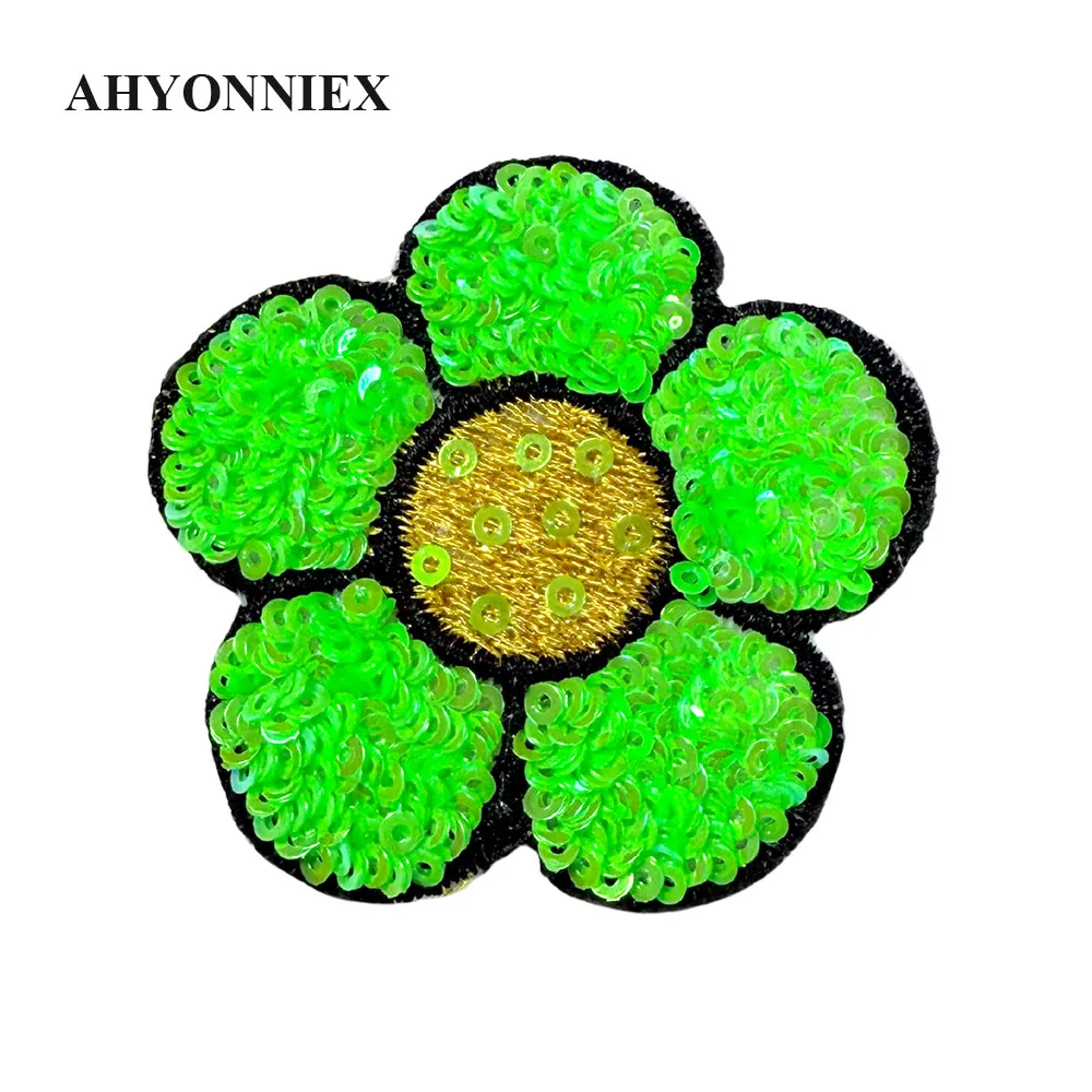 5 stks/partij 6 CM * 6 CM Shining Roze Groen Geel Blauw Oranje Pailletten Bloem Parch Voor Kostuum Jurk jas Ijzer Op Patch voor Kleding