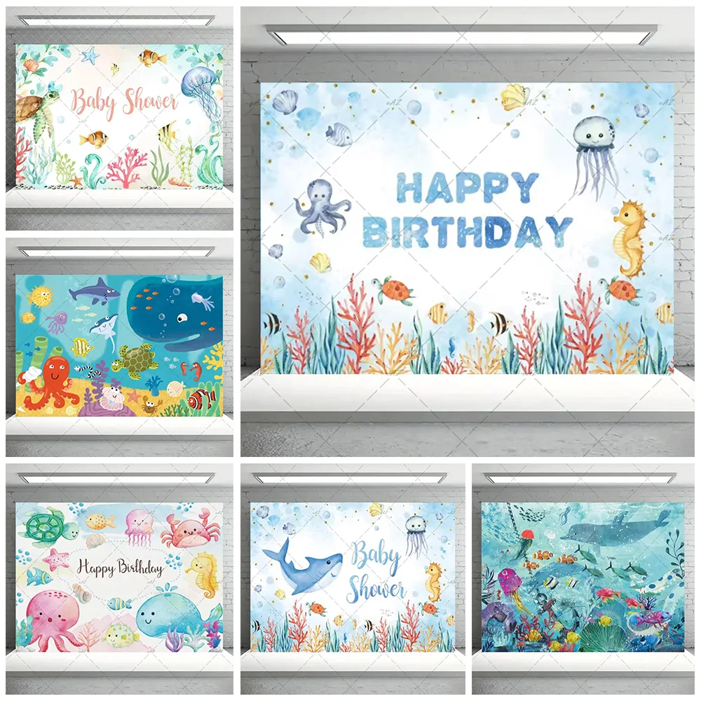 

Underwater World Theme Cute Cartoon Fish Dolphins And Sharks Ocean Backdrop Kids Birthday Party Decorations Baby Shower Supplies