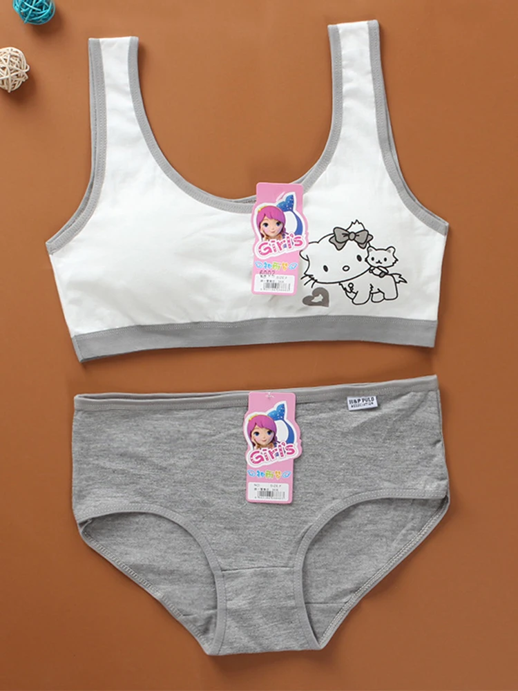 Cartoon Cotton Underwear Teen Girls Training Bras Briefs Sets Seamless Womens Panties Tank Top Bra Big Children Lingerie Vest