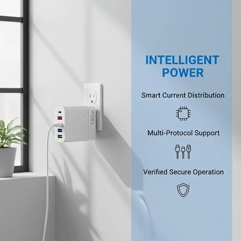 120W Fast Charger 3 USB‑A + 2 USB‑C Ports High‑Speed Multi‑Port Charger for Smartphones Tablets Home Office Travel Use
