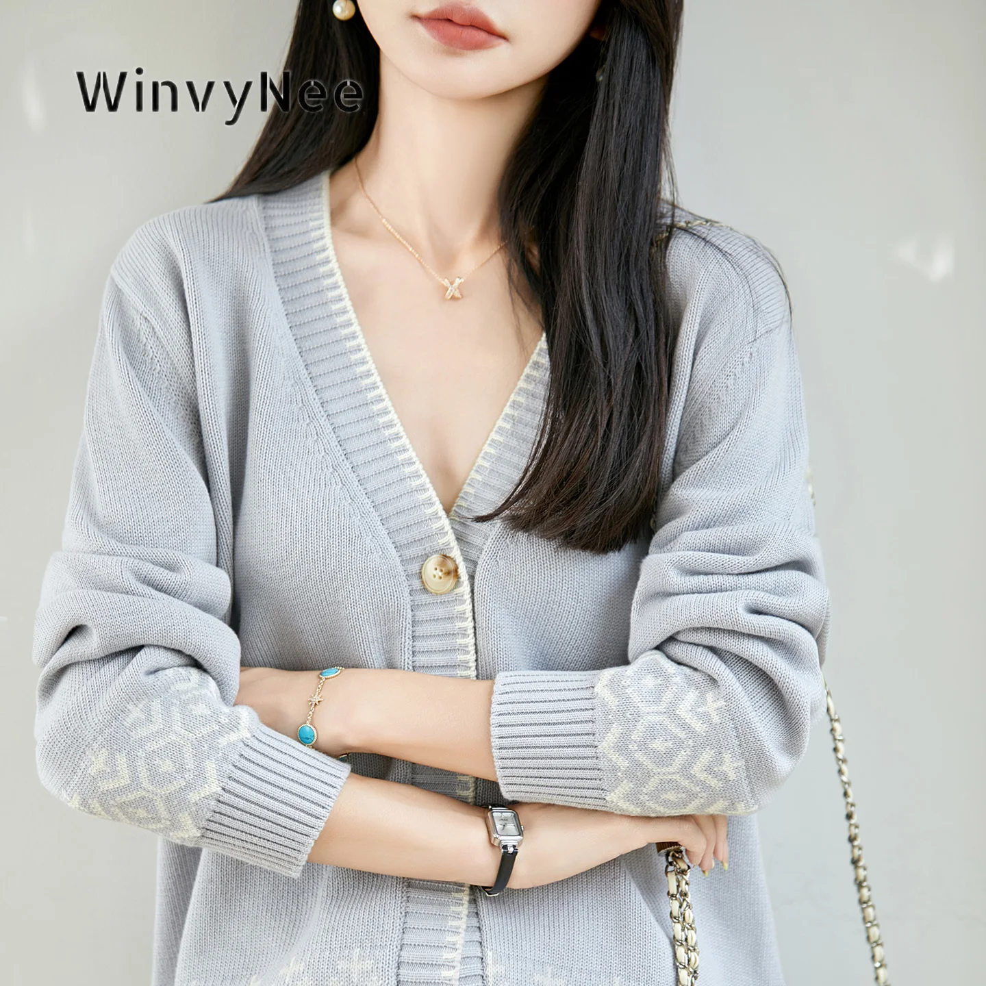 WinvyNee Women Pure Cotton Jacquard Knit Cardigan Long Sleeve Casual Loose Outerwear Spring Autumn Fashion Clothing ZB1092042