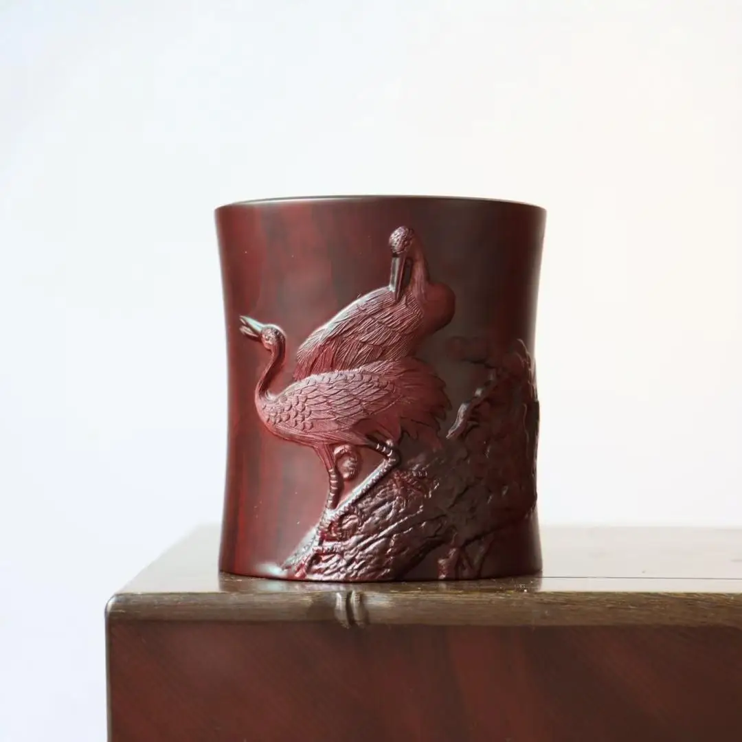 Retro Solid Wood Brush Rest, Hand‑Carved Five Oxen & Peacock Pattern Pen Holder, Calligraphy Brush Rack Desktop Chinese Ornament
