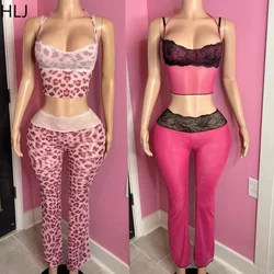 HLJ Sexy Lace Patchwork Woman 2 Piece Set Outfit Spaghetti Strap Crop Top and Flare Pants Suits Female Streetwear Clothing New
