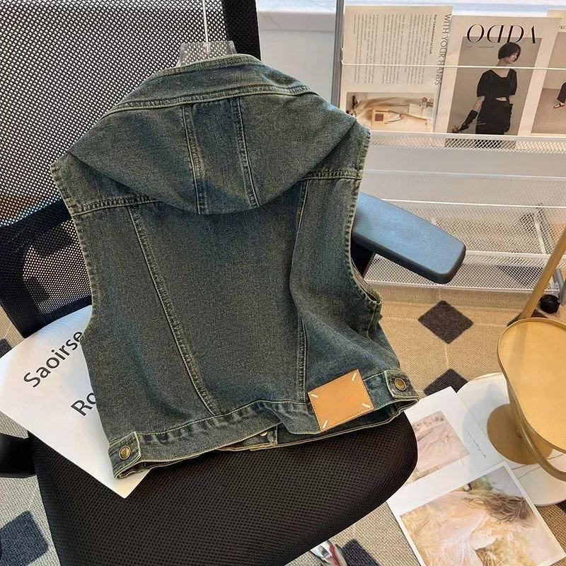

Короткий винтажный джинсовый жилет с капюшоном, женский жилет Chaleco Mujer Y2k, осенняя укороченная куртка Colete Feminino Harajuku, пальто