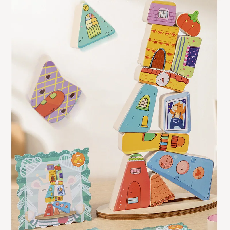 

Деревянный дом, штабелируемый блок, игра, соответствующая форме головоломки, балансирующая игрушка Монтессори, тренировка мелкой моторики, развивающие игрушки для детей