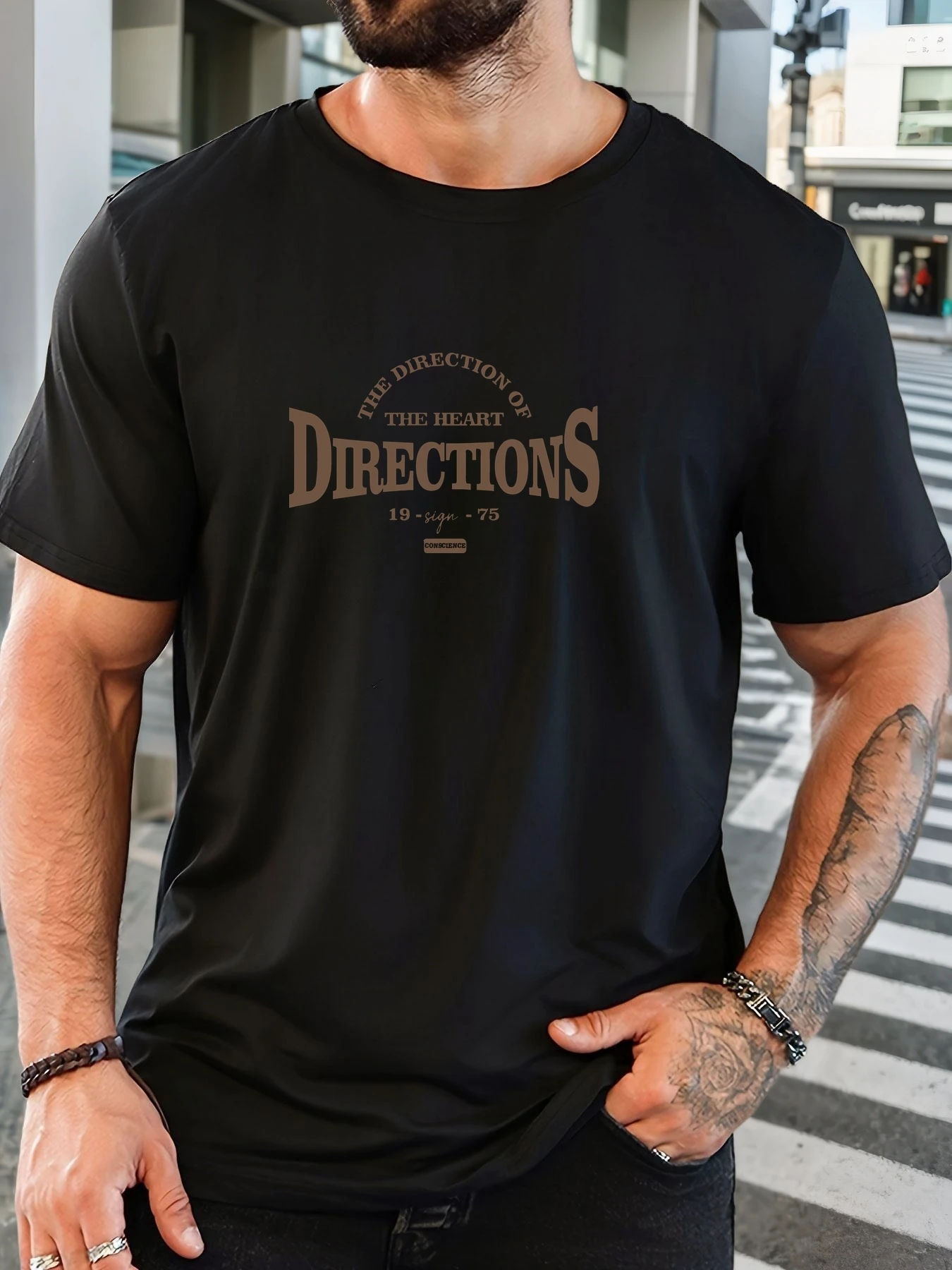 

Men's Cotton Printed T-Shirt THE DIRECTION OF THE HEART DIRECTIONS Pattern Summer Casual Oversized Round Neck Short Sleeve