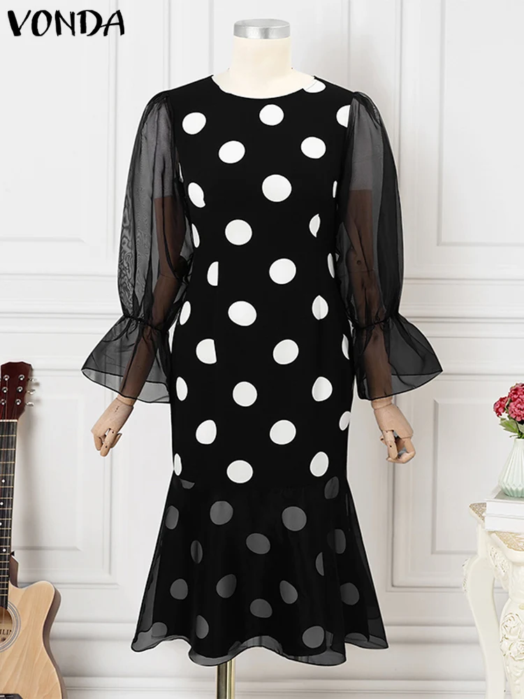 VONDA O-คอElegant Lace Patchwork BohemianกระชับดีVestidosผู้หญิงPolka Dots Midiชุด2024ลําลองพัฟแขนRobe